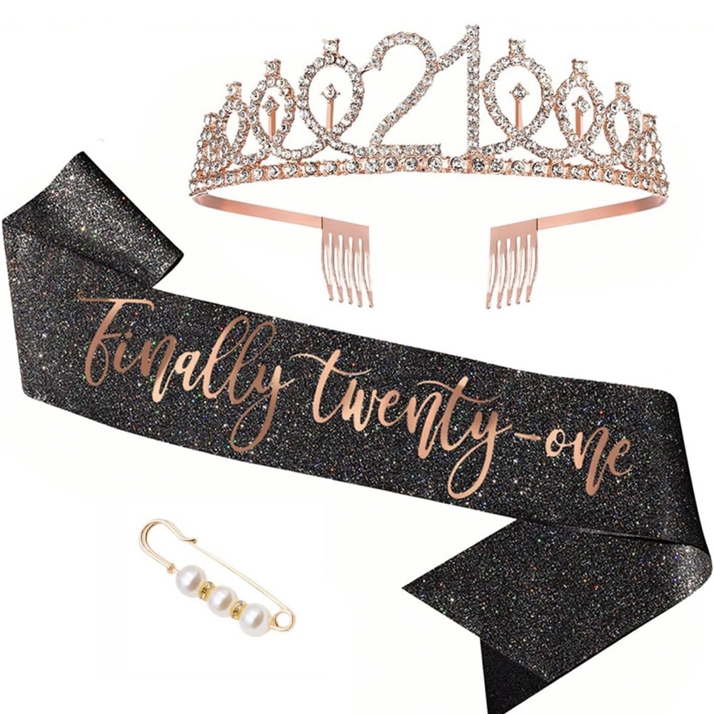 New In Box Sparkling 21st Birthday Tiara and Sash Set Rose Gold and Black